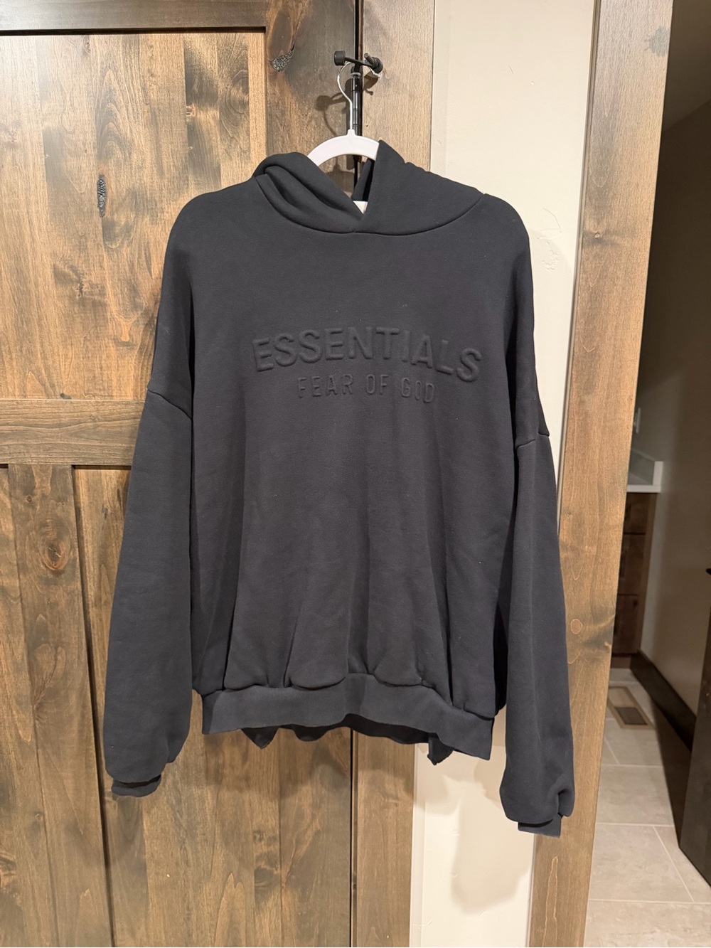 Fear of God Essentials Embossed Hoodie Jet Black Puffy Logo Worn Twice